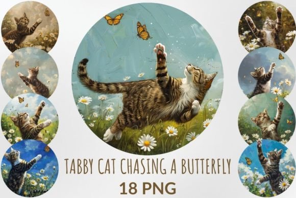 Cute Tabby Cat Chasing a Butterfly: A Whimsical Design Asset