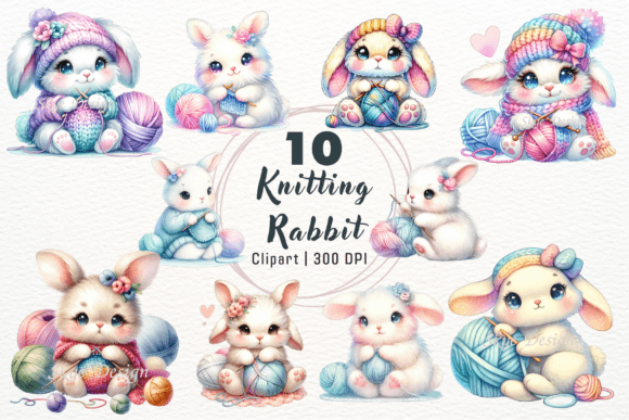 Watercolor Crochet Knitting Rabbit: A Whimsical Design Asset