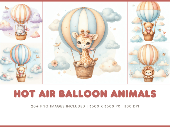 Whimsy Meets Versatility: Hot Air Balloon Animals Clipart PNG
